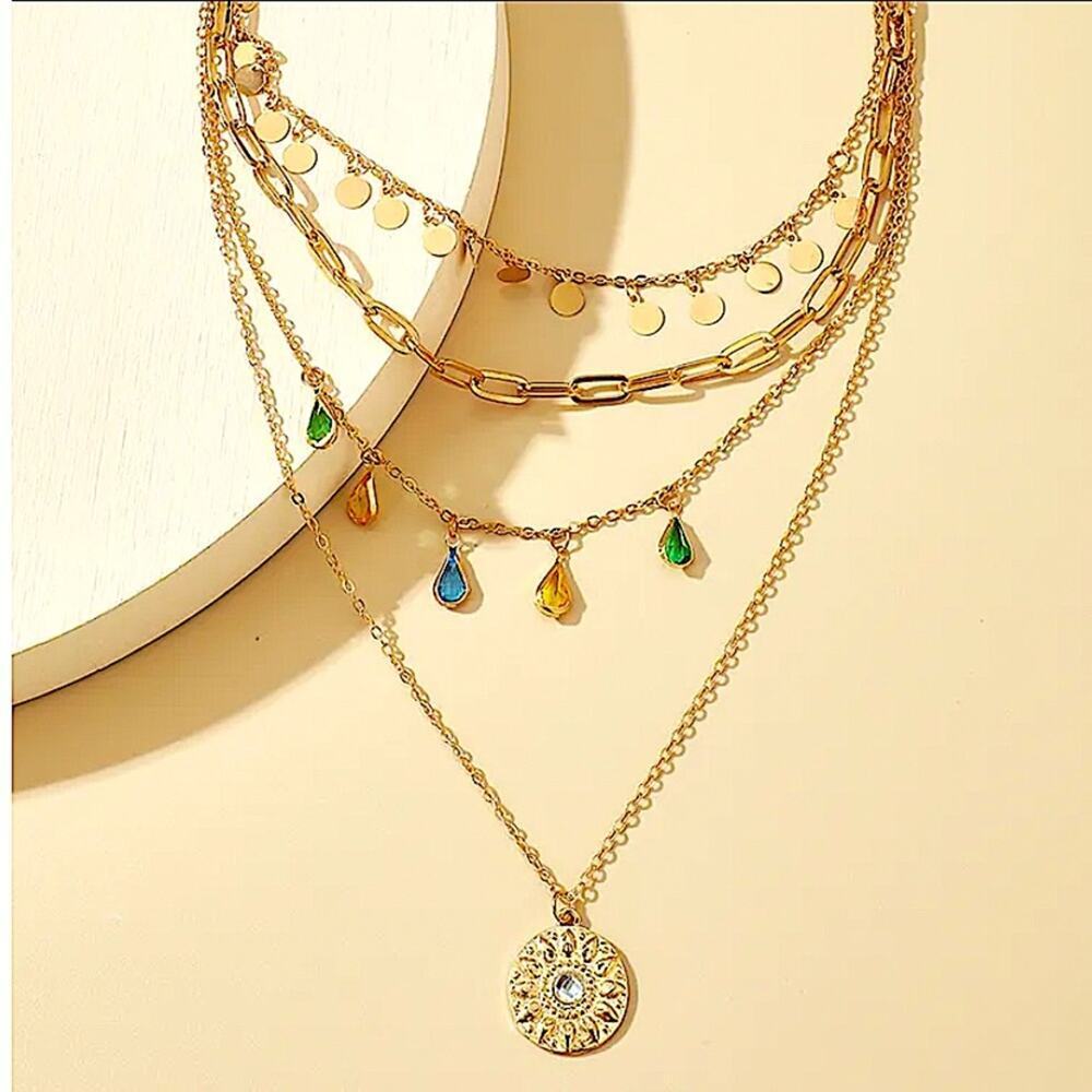 Gold Multilayer Boho Gemstone Drop Sun Paperclip Disk Necklace - Picture 5 of 6